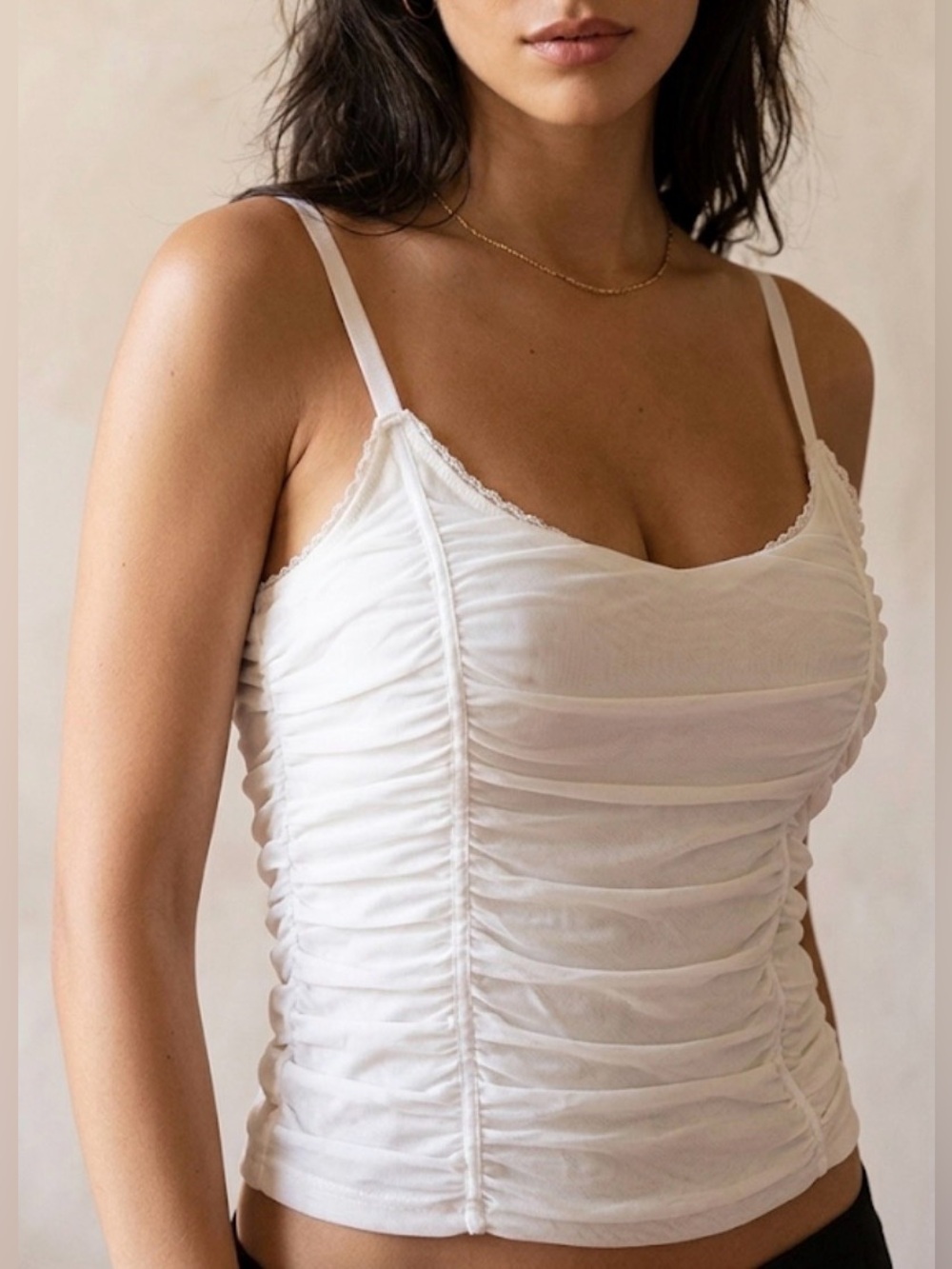 Made in Italy- White Ruched Spaghetti-Strap Camisole